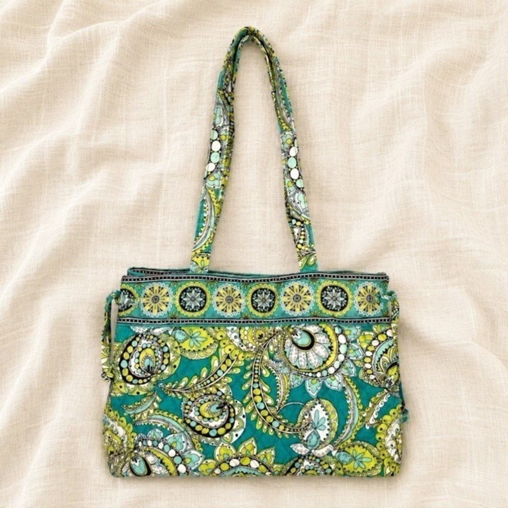 Vera Bradley Peacock Paisley Tie Tote‎ Quilted Teal Shoulder Bag Retired